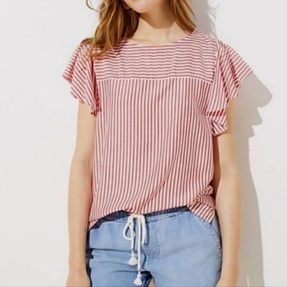 Loft Women's Red Striped Flutter Sleeve Rayon Blouse - Picture 4 of 16